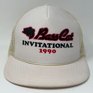 Vintage 80s Bass Cat 1990 Invitational Trucker Hat Baseball Cap Snapback White